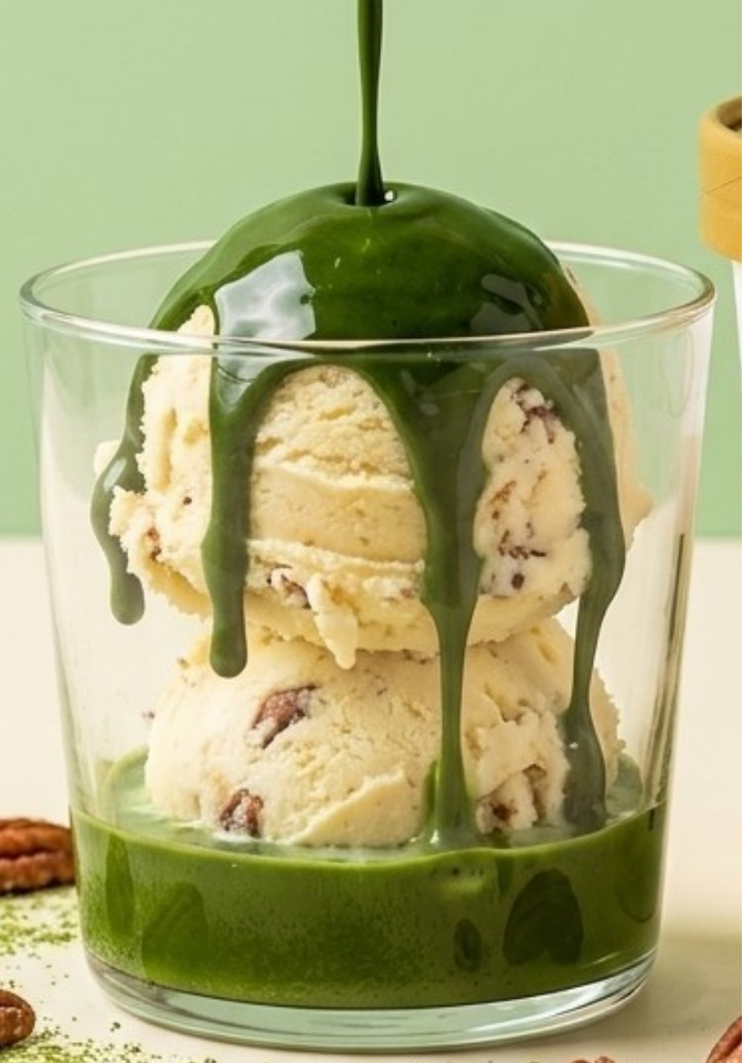 Promotional product graphic for Sari Matcha x Carmen's Best Butter Pecan Matcha Affogato ice cream. A pint of the creamer sits beside a glass of matcha-dipped ice cream with green sauce drizzle, with pecans scattered on a light beige surface against a pale green background.