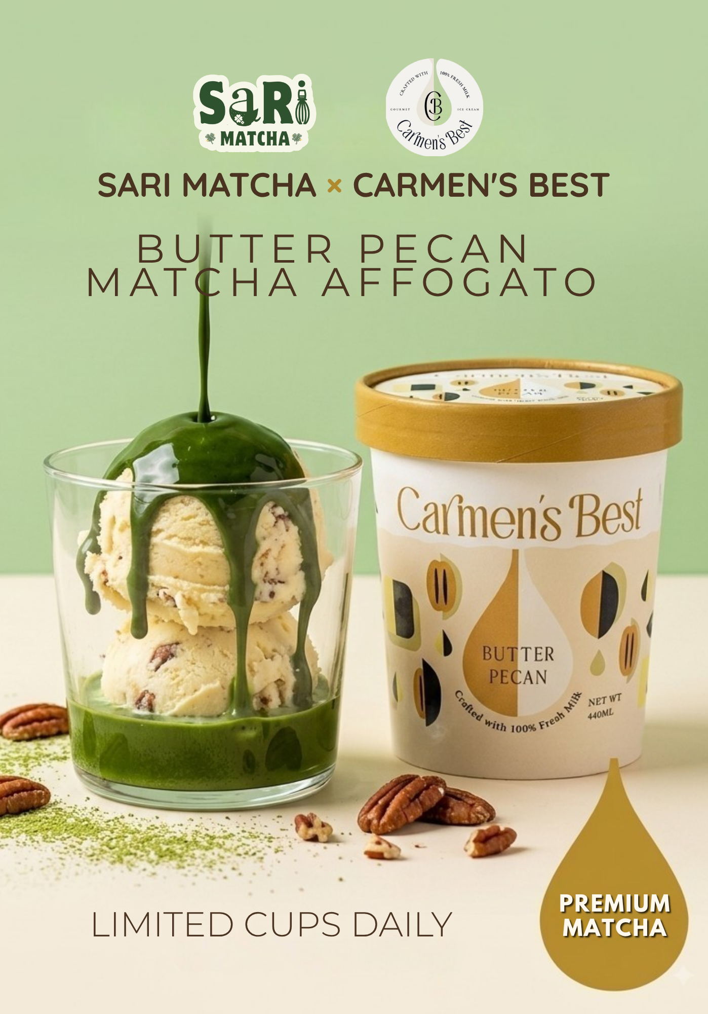 Promotional product graphic for Sari Matcha x Carmen's Best Butter Pecan Matcha Affogato ice cream. A pint of the creamer sits beside a glass of matcha-dipped ice cream with green sauce drizzle, with pecans scattered on a light beige surface against a pale green background.